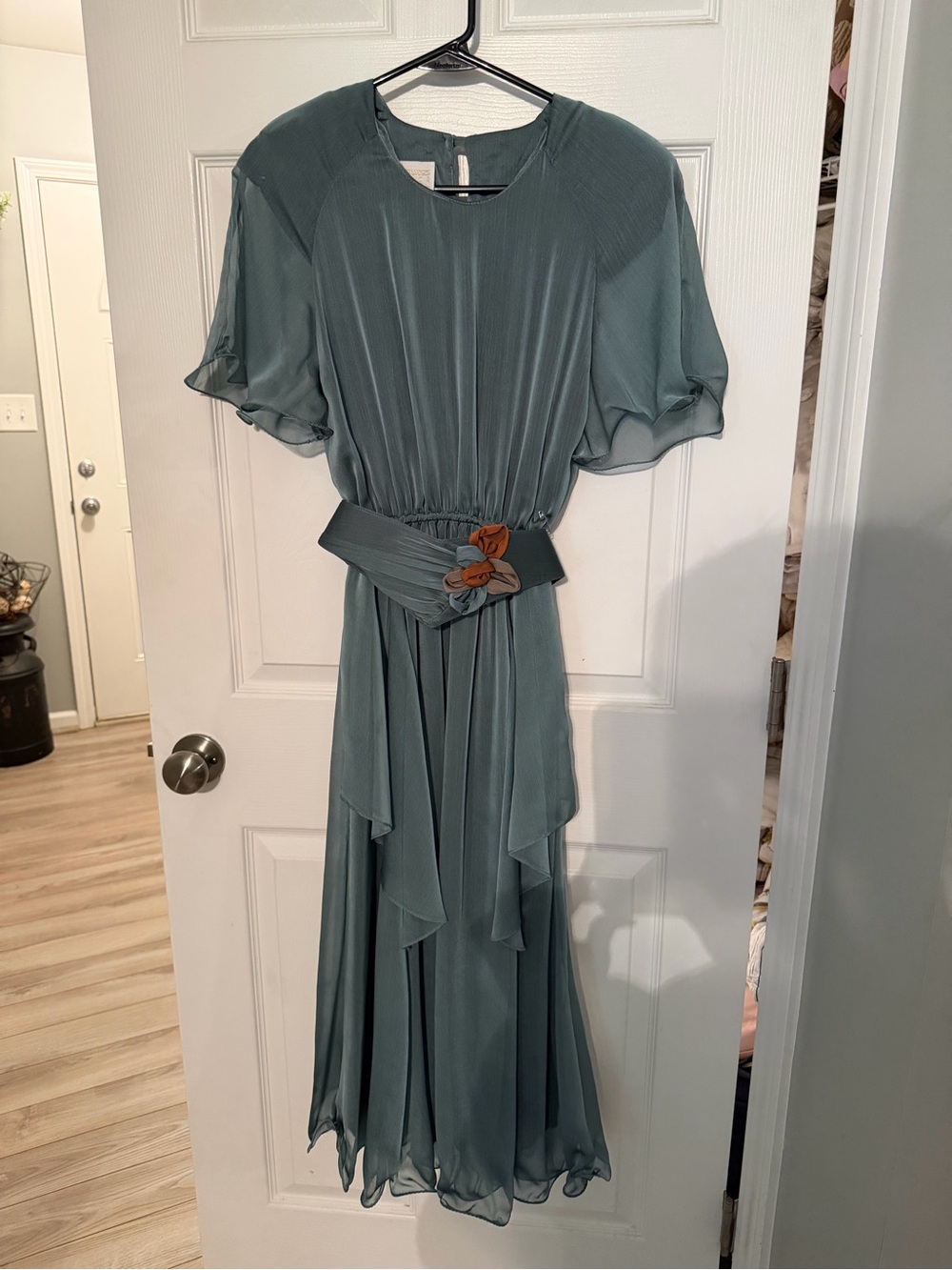 Elegant Sage Green Chiffon Maxi Dress with Floral Waist Detail